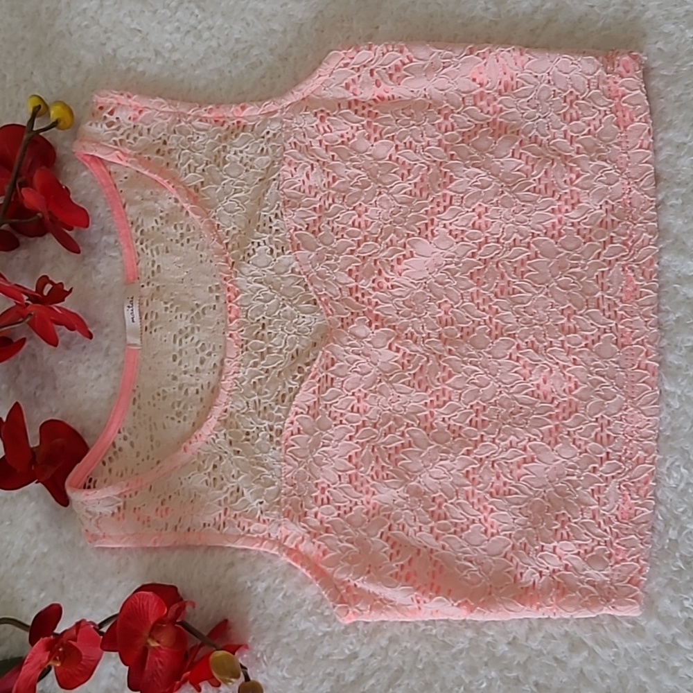 Sexy Betty Boop Style Crop Tank Top Pink Coral Eyelet Lace Sheer Upper Maitai Sm